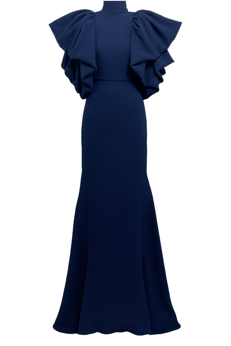 Edeline Lee - Atalanta Column Gown Navy Flou Bubble Jacquard – EDELINE LEE
