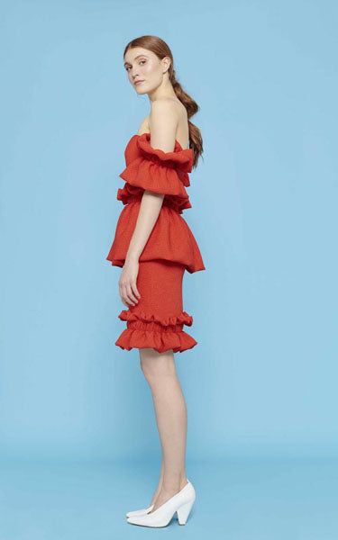 Edeline Lee - Ruche Dress Scarlet Flou Bubble Jacquard EDELINE LEE Edeline Lee - Ruche Dress Scarlet Flou Bubble Jacquard EDELINE LEE